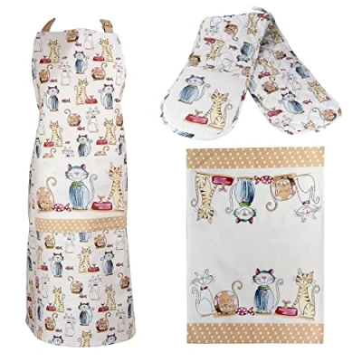 Image of SPOTTED DOG GIFT COMPANY Tea Towel, Apron and Oven Gloves Set of 3, 100% Cotton Quality Cat Themed Cooking Baking Kitchen Accessories, Gifts for Lovers Women Men (Cat Mouse, Multicolor)