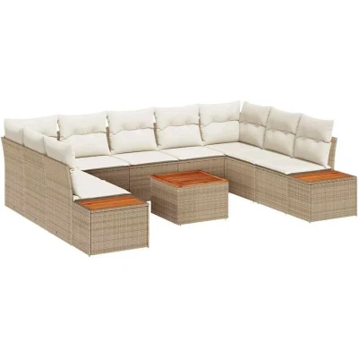 Image of vidaXL 10 Piece Garden Sofa Set with Cushions in Beige Poly Rattan and Acacia