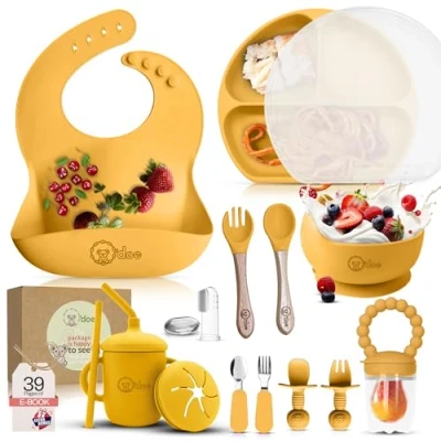 Image of O&#039;doe 17 Piece Baby Led Weaning Feeding Supplies for Toddlers, Set Suction Silicone Bowl Self Eating Utensils with Spoons, Cup, Bibs, Food Plate Kit Lid Yellow V2