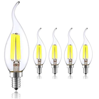 Image of LED Filament Bulb 6W, E14 Edison Screw Base Candle Light Bulbs C35 Flame Shape Chandelier Lamp Bulbs, Cool White 6000 6500K, 60W Equivalent, 4 Pack