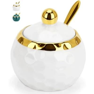 Image of TELANKS Sugar Bowl with Lid and Spoon, Salt Jar Lid, Ceramic Spice Jars, Pot for Home Kitchen, White Marble Pattern