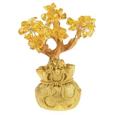 Image of lachineuse Feng Shui Tree in Yellow Citrine Fortune 17 cm Asian Japanese Decoration with Golden Stand Decorative Gemstones Zen Object