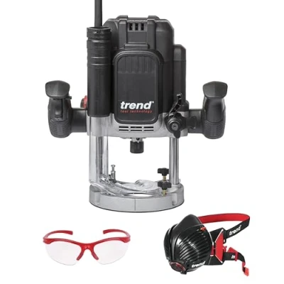Image of Trend T12 Workshop Router &amp; Safety Set, T12EK Variable Speed Plunge (2300W, 1/2 Inch, 240V), Dust Mask Glasses, T12/SAFE/SET