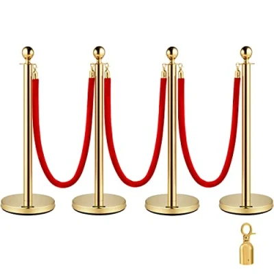 Image of VEVOR Stainless Steel Barrier Post Rope Delivery Stand Ball Head 3 Red Velvet Ropes Golden Column 4 Pack Crowd Control Barriers