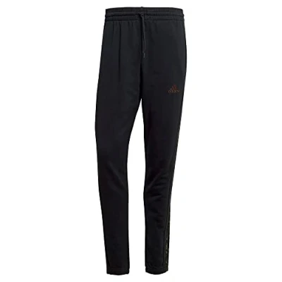 Image of adidas Men&#039;s Essentials French Terry Tapered Elastic Cuff 3 Stripes Pants, Black/Olive strata, L