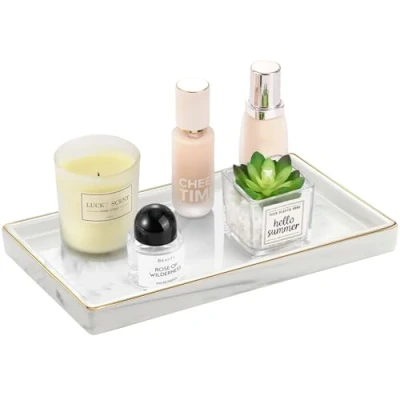 Image of Luxspire Bathroom Vanity Tray, Golden Rimmed Jewelry Organizer rectangle Ceramic Kitchen Countertop Ring Dish Holder Cosmetic plate for Candles Perfume Home Décor, Medium, Marble White