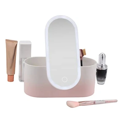 Image of Portable led Makeup Box, Yeqoo Women Travel Box Organiser Storage with Mirror Travelling Toiletry (Pink Gradient)