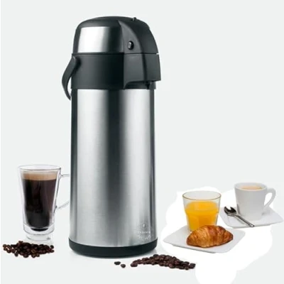 Image of Faboer 5L Pump Action Airpot Flask, Stainless Steel Dispenser with Vacuum Pump, Double Wall Insulated Coffee &amp; Tea Urn Safety Lock Carry Handle (5 litres)
