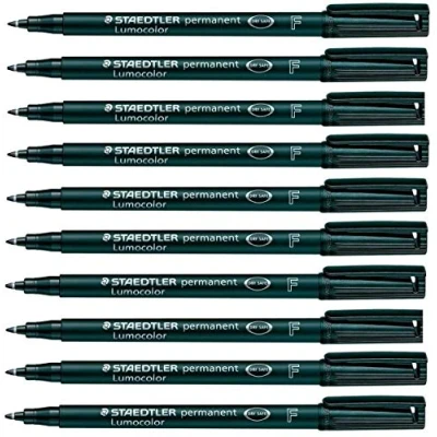Image of Staedtler Lumocolor Black Fine Permanent Marker Pens Pack of 10 Waterproof Smudge Resistant Quick Dry CD DVD OHP