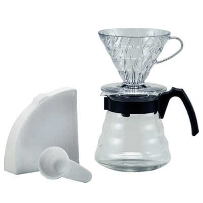 Image of Hario Craft Kit V60 Plastic Dripper with Glass Coffee Range Server, Measuring Spoon and Filters, Borosilicate, Black, Size 2