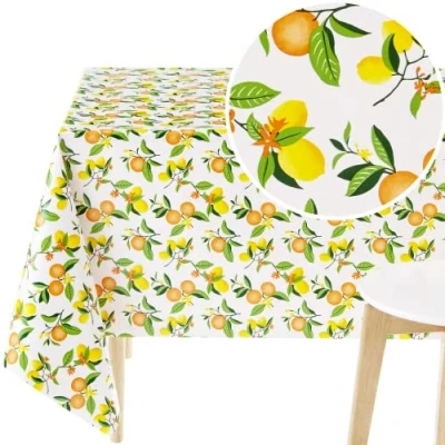 Image of KP HOME Waterproof Wipe Clean Tablecloth Rectangular Oilcloth 78x55in 200x140cm Lemon Fruits PVC Table Cloth Plastic Dinning or Garden Wipeable Cover in Colourful Pattern