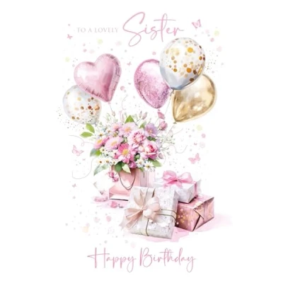 Image of Cherry Orchard Sister Birthday Card Pretty Presents &amp; Balloons design from Beautiful Foil Finish