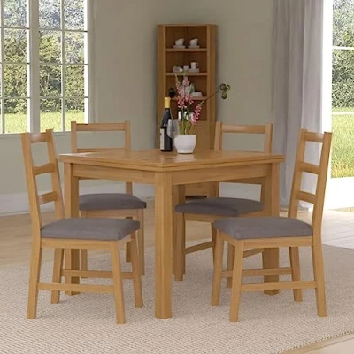 Image of Hallowood Furniture Waverly Extending Dining Table and Chairs Set 4, Light Oak Extendable Ladder Back with Grey Fabric Seat, Small for Home Cafe