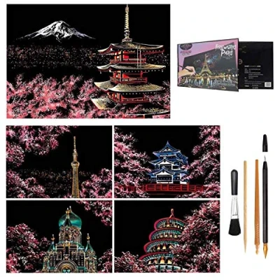 Image of Scratch Art for Adults Kids,Engraving Etch Scraper Foil Paper Holographic Painting Pictures Kids,Creative Gift Set Children,Friends,Family,With 4 Tool Set(Cherry blossoms)