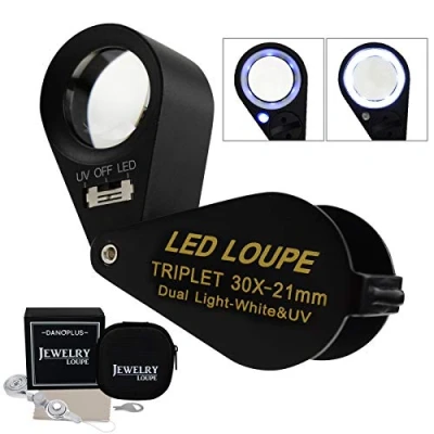 Image of 30x Magnifier Jewelry Loupe LED UV Light 21mm Triplet Lens Optical Glass Pocket Gem Magnifying Tool Jeweller, Stamp Philatelist, Coin Numismatic