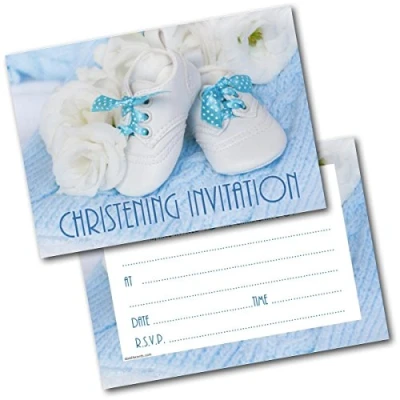Image of Doodlecards Christening Invites Baby Shoes Boy Invitations Pack of 20 Postcards and Envelopes