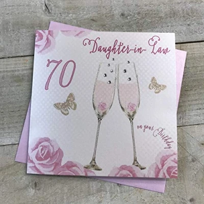 Image of Happy 70th Birthday Card Daughter in Law Champagne Glasses Pink Roses by White Cotton Cards SS42 DIL70