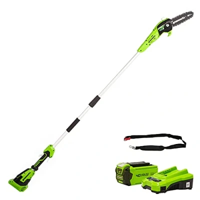 Image of Greenworks G40PSFK2 Cordless Pole Saw, 20cm Bar Length, 8m/s Chain Speed, 3.64kg, Auto Oiler, 80ml Oil Tank, 2.58m Reach, 40V 2Ah Battery &amp; Charger, 3 Year Guarantee