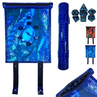 Image of Power Beast Dungeon 2 in 1 Dragon Dice Rolling Mat &amp; Holder Tray + Set D&amp;D Polyhedral DND 7pcs, Portable Foldable Gaming Scroll, Dungeons and Dragons, D&amp;D, DND, RPG. (BLUEDRAGON)