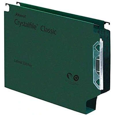 Image of Rexel 330 Lateral Hanging Files with Tabs and Inserts, 50 mm base, 100 Percent Recycled Manilla, Green, Crystalfile Classic, Pack of 25, 70672