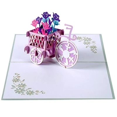 Image of Flower Tricycle Basket Pop Up 3D card. Spring Collection. A Delightful surprise greeting card gift for Daughter, Mum, Friend, Granddaughter, Wife, Sister, Grandma.12cmx18cm