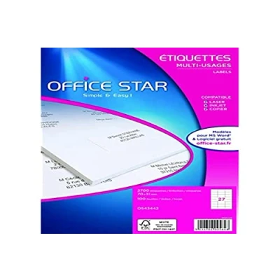 Image of OFFICE STAR Box of 2700 White Multi use self Adhesive Labels, Format 70 x 31 mm, Customizable and Printable for All Types Laser Printers, Inkjet copiers