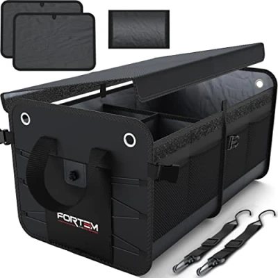 Image of FORTEM Car Boot Tidy for Storage, Collapsible Multi Compartment Organiser, Non Slip Bottom, Adjustable Securing Straps, Foldable Cover (2 Compartments, Black)