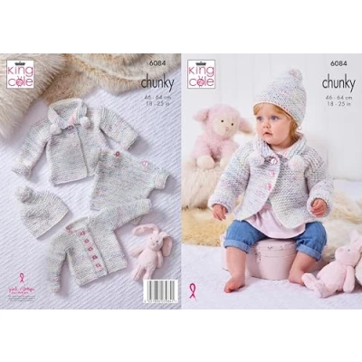 Image of King Cole Chunky Knitting Pattern 6084 Coat, Cardigan, Top &amp; Hat