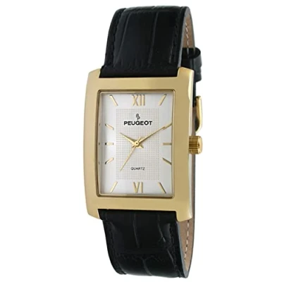 Image of Peugeot PP Men&#039;s Rectangular Textured Roman Numeral Dial Classic Dress Wrist Watch with Leather Strap Band