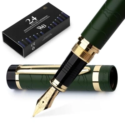 Image of Wordsworth &amp; Black Primori Fountain Pen Set [Green Gold]; Medium Nib, Gift Case, 24 Ink Cartridges, Refill Converter, Manual; Journaling, Calligraphy, Smooth Writing Pens; Left and Right Handed
