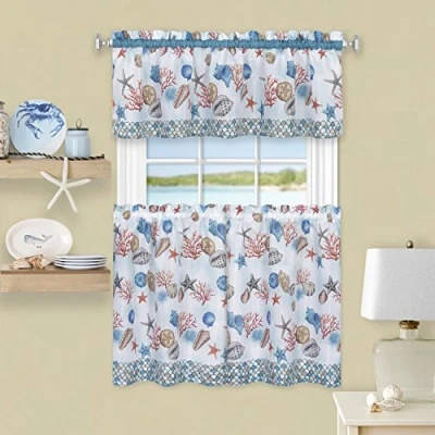 Image of Achim Home Furnishings Coastal Printed Tier &amp; Valance Set 58x36 Blue