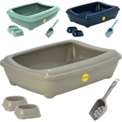 Image of Cat CENTRE Grey Large Deep Litter Tray With Rim + Two 0.3L Bowls Scoop Open Toilet Bundle for Cats &amp; Kittens