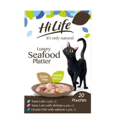 Image of HILIFE it&#039;s only Natural Wet Cat Food Luxury Seafood Platter in Jelly Tuna Loin Salmon Shrimps 100% Grain Free, 20 Pouches x 50g