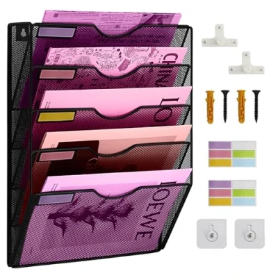 Image of Wall Mounted File Organiser A4 Mesh In Hanging Holder Mail Magazine Storage Rack, Multipurpose Use To Display Newspapers, Paper (5 Tier)