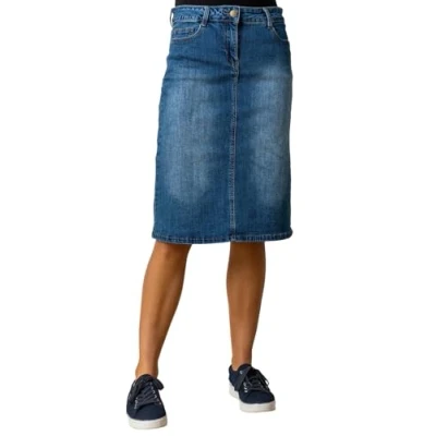 Image of Roman Originals Denim Skirt with Pockets for Women UK Ladies Jean Skirts Cotton Stretch Mid Wash Fitted A Line Casual Smart Work Office Knee Length Flattering Slimming Size 12