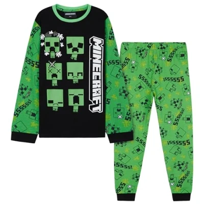 Image of Minecraft Boys Pyjamas Set Cotton Lounge Wear Long Top and Bottoms Teenagers Kids PJs 7 14 Years Gamer Gifts for (Green/Black, 9 10 Years)
