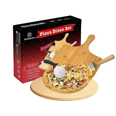 Image of FR Enterprises Pizza Stone for Oven Round with Peel, Paddle, and Cutter BBQ, Grill, Baking Bread, Pizza, Cookies Portable Indoor Outdoor