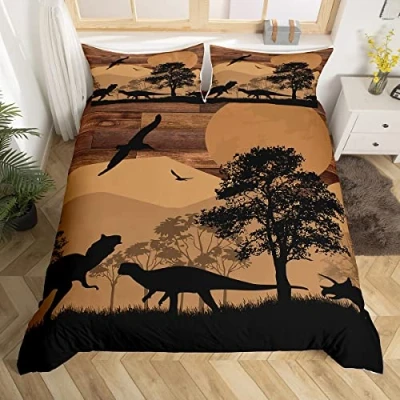 Image of Manfei Rustic Duvet Cover Set King Size, Wild Animal Comforter with 2 Pillowcases, Dinosaur Rhinoceros Bedding 3pcs for Kids Boys Teens Bedroom Decor, Black Tree Silhouette Bedspread