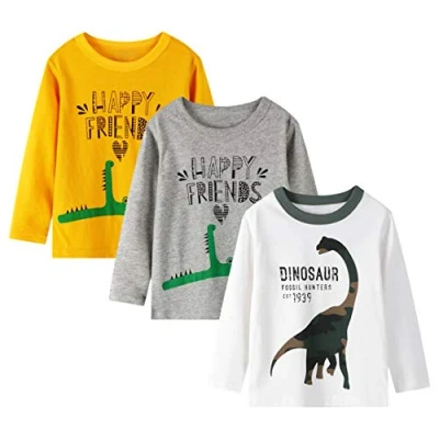 Image of Toddler Boy Dinosaur T Shirt Long Sleeve Winter Cotton 3 Pack Set Crewneck Top Tee Sleapwear Pajamas 2t