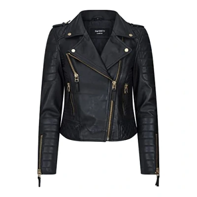 Image of TruClothing Womens Cross Zip Biker Leather Jacket Brando Matt Black Motorbike Slim Fit Vintage Retro Gold 4XL