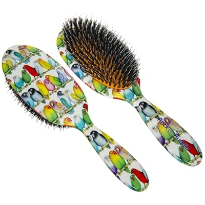 Image of Rock &amp; Ruddle Natural Mixed Boar Bristle Hair Brush for Women and Kids (Small/Travel Size, 17.5cm) Perfect Wet or Dry Hair, Detangling Smoothing Blowdrying Made in UK Lovebirds Design