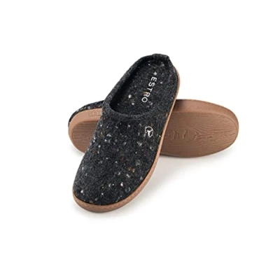 Image of ESTRO Duo Men&#039;s Winter Warm Felt Slippers Rubber Sole with Padded Footbed Men Non Slip Soles, black, 11 UK