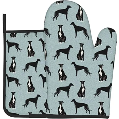 Image of Greyhound Black Pet Dog Oven Mitts And Pot Holders,Cooking Gloves, Heat Resistant Baking