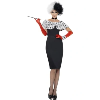 Image of Smiffys Evil Madame Costume, Black with Dress, Gloves, Shrug, Cuff &amp; Choker, Fairytale, Wings and Wands Fancy Storybook Character Dress Up Costumes