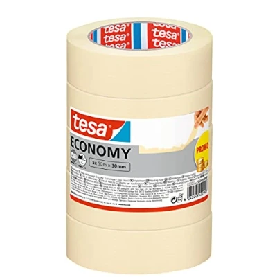 Image of tesa Masking Tape ECONOMY EcoLogo Painters Tape, 4 Days Residue Free Removal, Without Solvent Narrow, 5x 50 m x 30 mm
