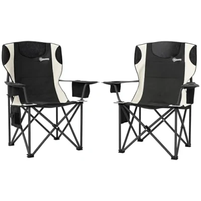 Image of Outsunny Set of 2 Folding Camping Chairs, Padded Chairs with Adjustable Armrests, Portable &amp; Lightweight Camp Chair Cooler Bag, Cup Holder and Side Pockets, Black