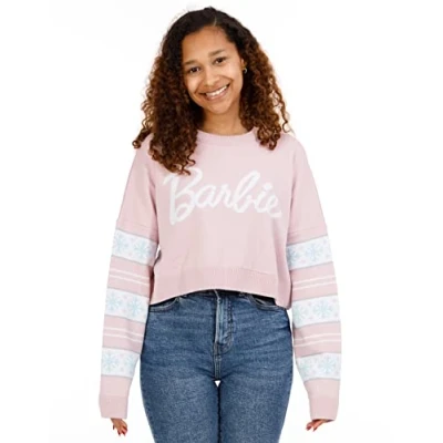 Image of Barbie Cropped Christmas Jumper Womens Ladies Adults Doll Logo Snowflakes Fairisle Pastel Pink Knitted Sweater Presents For Her M
