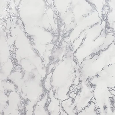 Image of Arthouse Carrara Marble Effect Silver Wallpaper for Living Spaces &amp; Feature Walls, Kitchen Bedroom Hallway Dining 10.05m x 0.53m Roll Encased Glitter Metallic 296701, Full