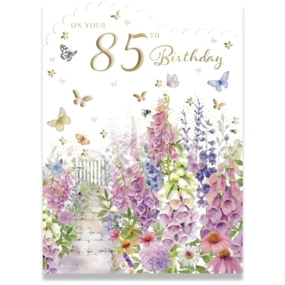 Image of Female 85th Birthday Card for Her Age 85 Flower Garden and Butterflies Artistic Floral Design Special Finishes Made in the UK Eco Friendly