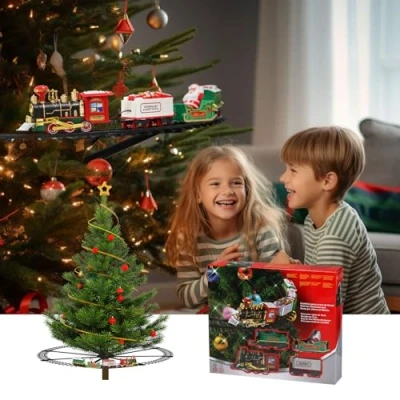 Image of EVERGD Electric Christmas Train Toy Set with Light &amp; Sound for Boys Girls, Tree Around Under The Battery Operated Home Festive Decor Xmas Gift